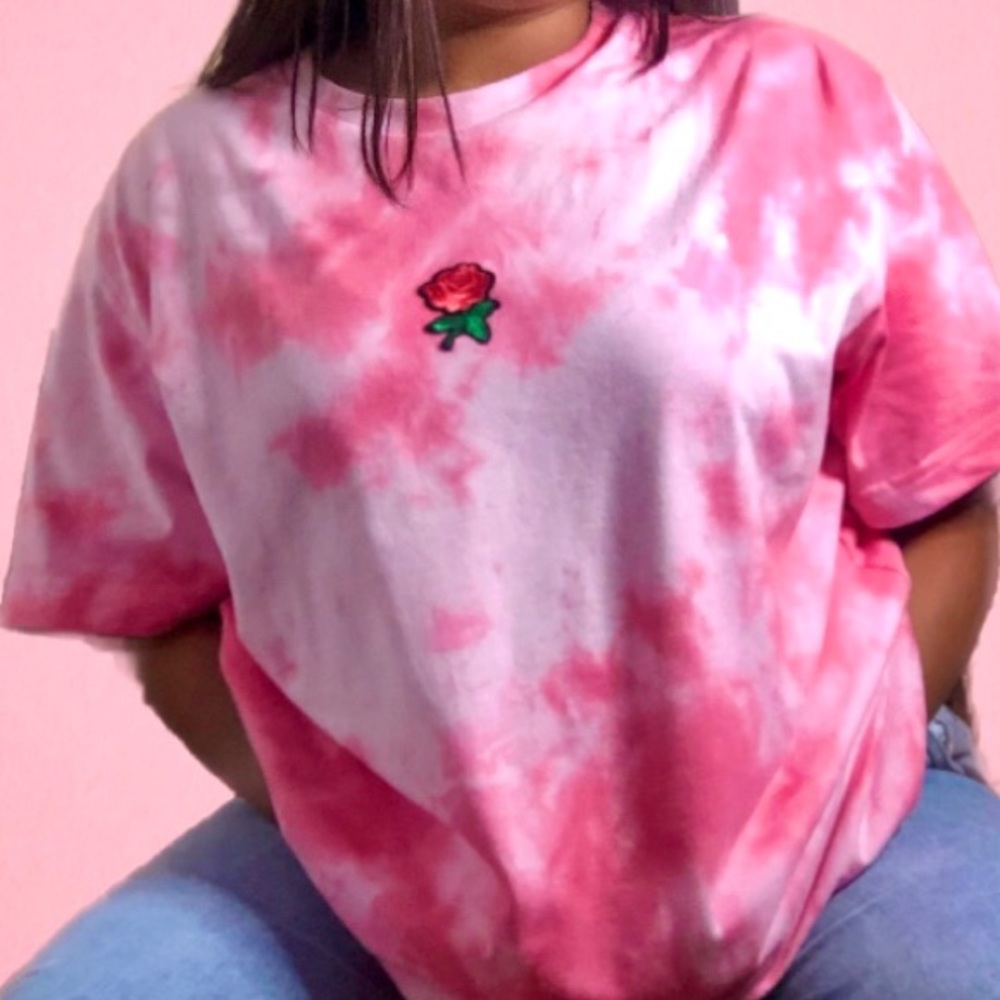 Pink Rose Embroidered Tie Dye Shirt